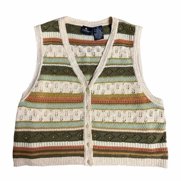 Vintage Liz Sport Button Front Crochet Knit Sweater Vest Cropped Medium Petite - Picture 4 of 6